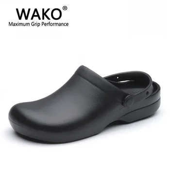 WAKO 9011 Mænd Kok Sko Super Anti-slip Køkken Arbejde Sko Cook Træsko Sandaler med Remme Slip på Åndbart Sort Størrelse 36-44
