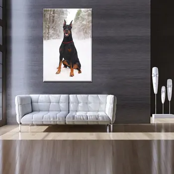 Wall Art Print på Lærred Søde Kloge Dobermann Dog Spille i Sneen Dyr Lærred Maleri til Bedroom Wall Decor Poster Engros