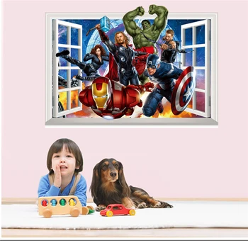 Wall Stickers Vindue Karton The Avengers 3D-Visning Aftagelige vægklistermærker Kunst Vinyl Decal Kids Baby Nursery Room Decor Vægmaleri