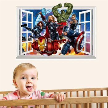 Wall Stickers Vindue Karton The Avengers 3D-Visning Aftagelige vægklistermærker Kunst Vinyl Decal Kids Baby Nursery Room Decor Vægmaleri