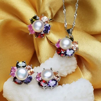 WATTENS mode retro perle Smykker Sæt til kvinder,925 sterling sølv Bryllup, der Passer smykke sæt Blomster Geometri sæt,gaveæske