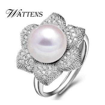 WATTENS Ny blomst Naturlige ferskvands perle ring for kvinder, 925 sterling sølv justerbar ring med AAAA naturlige perle smykker