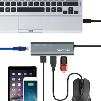 Wavlink USB-C 3.1 til Gigabit-Adapter Series 3-Port USB 3.0 Aluminium Hub Med Type C Adapter+Gigabit RJ45 Ethern LAN-Port-Grå