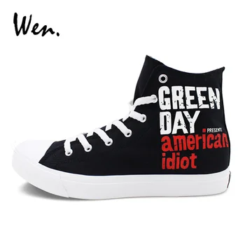 Wen Design Hånd Malede Sko Slogan Green Day American Idiot Brugerdefinerede Høj Top Sort Kvinder Casual Sneakers Canvas Sko Mænd