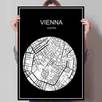 Wien Østrig Sort Hvid Kort over Byen Print Plakat, Udskrive på Papir eller Lærred Wall Sticker Bar Cafe Stue boligindretning