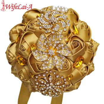 WifeLai-En Guld-og Hvidguld Diamond Brude Bryllup Brude Buketter Crystal Silke Blomster Brude Buketter de noiva Factory Custom W227Q