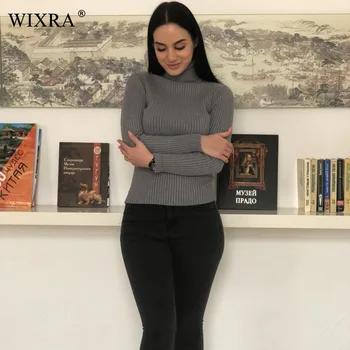 Wixra 2017 Efterår Og Vinter Kvinder Rullekrave Kort Slank Pullovere Solid Fuld Ærme Elegant Strikket Tynde Trøjer Til Kvinder