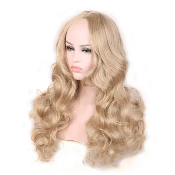 WoodFestival dame bølget syntetiske parykker hår varmeandig platinum lange blonde paryk cosplay