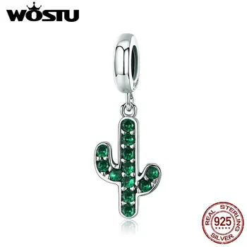 WOSTU 925 Sterling Sølv Stærke Kaktus Glitrende Grønne CZ Vedhæng Dingle passer til Kvinder Charme Armbånd DIY Smykker CQC515