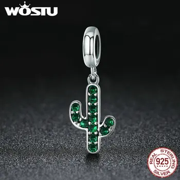 WOSTU 925 Sterling Sølv Stærke Kaktus Glitrende Grønne CZ Vedhæng Dingle passer til Kvinder Charme Armbånd DIY Smykker CQC515