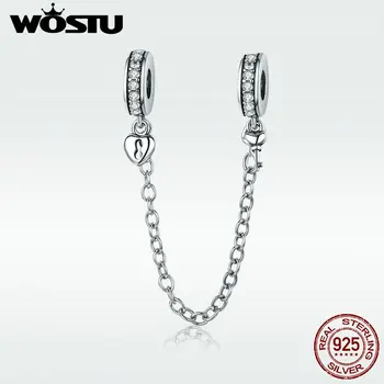 WOSTU Ægte 925 Sterling Sølv Stabelbare Hjerte Kærlighed Hjerte Dingle Sikkerhed Kæde, Charme, fit Armbånd DIY Smykker BKC606