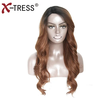 X-TRESS 24inch Syntetisk Blonde Paryk Med Bang Side en Del Romantik Curl Lange Bølgede Glueless varmeresistent Fiber Ombre Parykker Til Kvinder