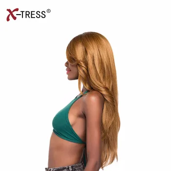 X-TRESS 26inch Syntetisk Blonde Parykker Lange Lige Paryk Med Bang Bølget Midten Del varmeandig Ombre Parykker Til Kvinder Sort