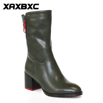 XAXBXC Retro Britisk Stil Læder Brogues Oxfords Grønne Korte Boot Kvinder Sko Tyk Hæl Spidse Tå Håndlavet Casual Dame Sko
