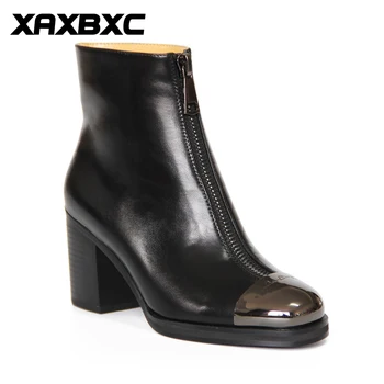 XAXBXC Retro Britisk Stil Læder Brogues Oxfords Høj Hæl Korte Boot Kvinder Sko Black Metal Tå Håndlavet Casual Dame Sko