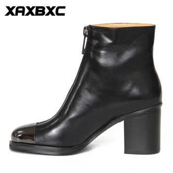 XAXBXC Retro Britisk Stil Læder Brogues Oxfords Høj Hæl Korte Boot Kvinder Sko Black Metal Tå Håndlavet Casual Dame Sko