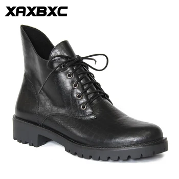 XAXBXC Retro Britisk Stil Læder Brogues Oxfords Sort Korte Boot Kvinder Boot lavere Hæl Spidse Tå Håndlavet Casual Dame Sko