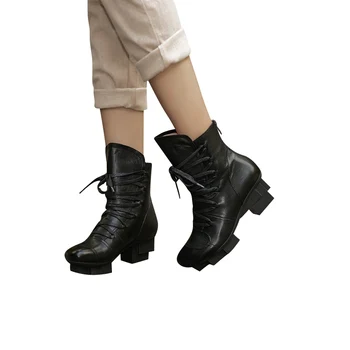 Xiangban fashion forår, efterår, vinter læder kvinder sko platform sort snøre støvler Martin spids tå vandtæt arbejde støvler