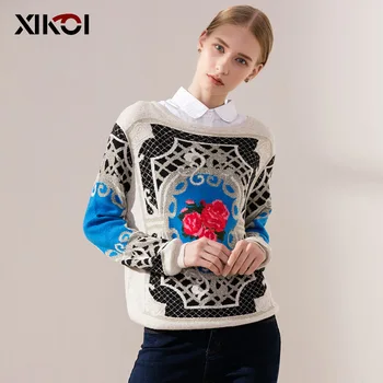 XIKOI Kvinder Foråret Casual Sweater Print-O-Neck Kvinde Trøjer Tøj Trøjer med Lange Ærmer Casual Kvinde Tøj Toppe Poncho