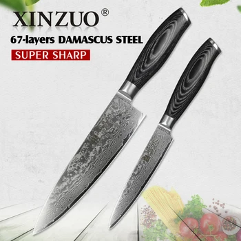 XINZUO 2 stk køkkenknive sæt 67 lag Damaskus 8 tommer kok og 5 kniv high carbon stainless steel pakka træ håndtag