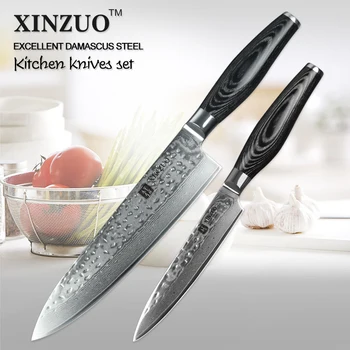 XINZUO 2 stk skarpe køkkenknive sæt Damaskus køkkenkniv sæt Japansk VG10 nytte kokkens kniv, hammer, striae gratis fragt