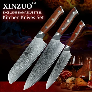 XINZUO 3 stk Damaskus stål køkkenkniv sæt 8 inches chef knive i rustfrit stål santoku kniv palisander håndtag køkken værktøj