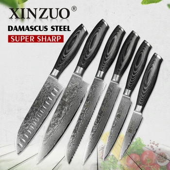 XINZUO 6 stk køkkenknive sæt 67 lag med højt kulstofindhold Japansk VG10 Damaskus stål kok santoku kniv pakka træ håndtag