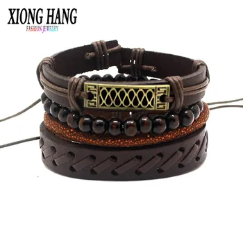XiongHang Sæt MultiLayer Læder Armbånd Smykker Punk Rock Træ Perler Armbånd til Mænd Elsker Gave Klassiske Retro Armbånd Pulseira