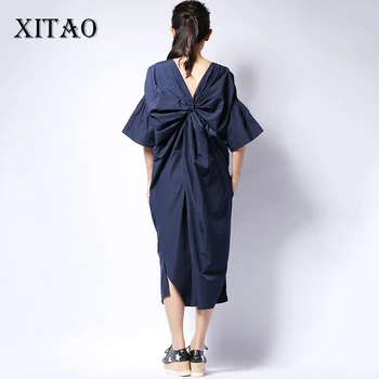 [XITAO] 2016 Korea stil kvinder tilbage fold solid farve halv ærmer V-Hals, lange kjole afslappet kvindelige flare ærmet løs kjole HJF019