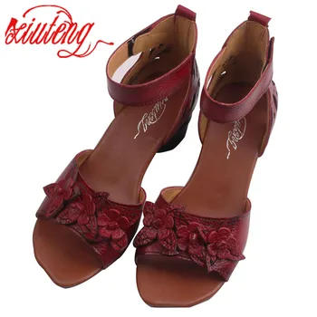 Xiuteng Nye Sommer Tyk høje hæle Sandaler i Ægte Læder Kvinder Sko Blomst Personlighed Fritid Kvinder Håndlavede Sandaler sapato