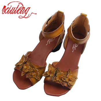 Xiuteng Nye Sommer Tyk høje hæle Sandaler i Ægte Læder Kvinder Sko Blomst Personlighed Fritid Kvinder Håndlavede Sandaler sapato