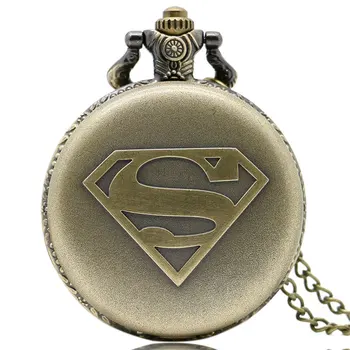 Xmas Gave Mode Bronze Kobber HOT Superman lomme ur Ur med Chian Halskæde Vedhæng god kvalitet Dropshipping P442C