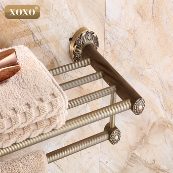 XOXOSolid Messing Vintage Stil, Badeværelse Håndklæde Rack Antik Bronze Håndklæde Hylde Holder Udskåret Mønster Wall-mount 15020B