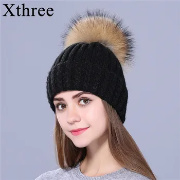 Xthree nye Rhinestone broderi Vinter Uld Strikket Hat til Kvinder Beanie Skullie Varm Cap Ægte Pels Pom Gorro Kvindelige Cap