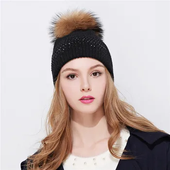 Xthree vinter beanie hue til kvinder real mink pels pom poms uld strikket girl 's hat helt nye tykke kvindelige cap