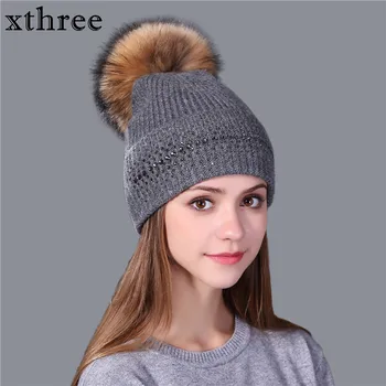 Xthree vinter beanie hue til kvinder real mink pels pom poms uld strikket girl 's hat helt nye tykke kvindelige cap