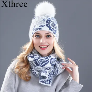 Xthree vinter hat eller tørklæde til kvinder girl ' s hue Strikket uld hat, halstørklæde sæt og store real mink pels pom pom