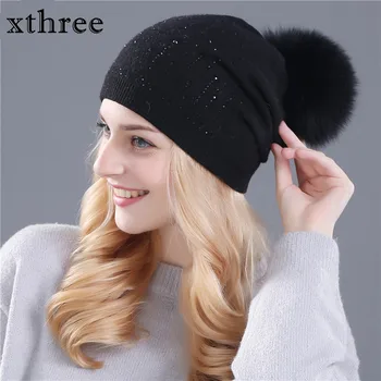 Xthree vinter hat til kvinder Kanin pels, uld strikket hat huer real mink og ræv pels pom poms Skullies hat piger hat feminino