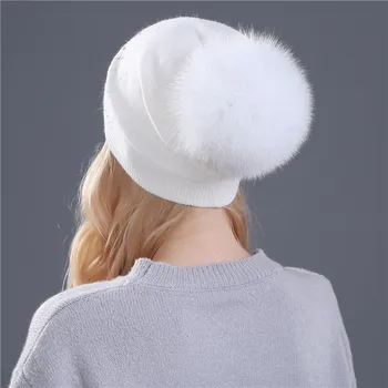 Xthree vinter hat til kvinder Kanin pels, uld strikket hat huer real mink og ræv pels pom poms Skullies hat piger hat feminino