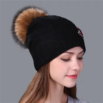 Xthree vinter hat til kvinder uld strikket hat Kvindelige beanie hue broderi real mink pels pom pom girl Skullie hat