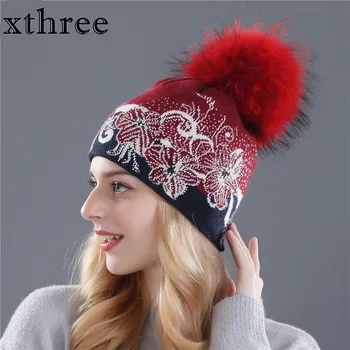 Xthree vinter huer uld strik hat til kvinder real mink pels pom poms Skullies piger hat