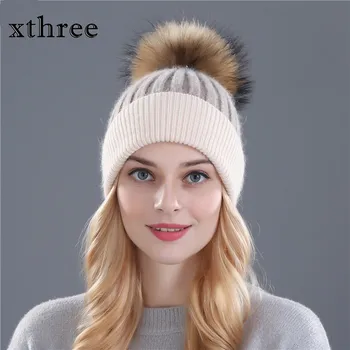 Xthree vinter uld strikket hat huer real mink pels pom poms Skullies hat til kvinder, piger hat feminino