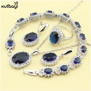 XUTAAYI Mode Blå Cubic Zirconia Sterling Sølv Overlay Smykker Til kvinder, Super Halskæde Ringe Øreringe Armbånd