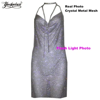 YACKALASI Kvinder Party Dress Krystal Metal Elegante Club Kjole Vesitos Diamant Stropper Sexet Dyb-V Halterneck Backless