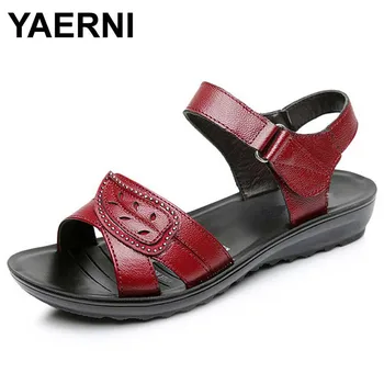 YAERNI Sommeren 2017 Ægte læder Wedges sandaler kvinder sko Sort Rød farve 35-41 størrelsen Tilbage rem B760