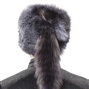 YECHNE russisk, mongolsk Naturlige Silver Fox Fur Skullies Hat Med Hele Fox Tail Vinter Bløde Huer Hatte
