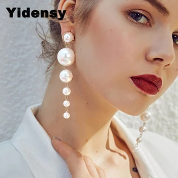 Yidensy Trendy Elegante Skabt Stor Simuleret Pearl Lange Øreringe Perler På Snor Erklæring Dingle Øreringe Til Bryllup Part Gave