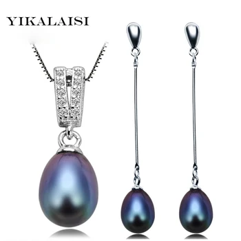 YIKALAISI 2017 Naturlige Perle Smykker Sæt Til Kvinder 925 sterling Sølv zircon Vedhæng Dråbe Øreringe 8-9 mm Perle