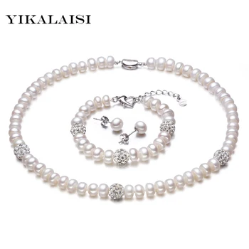 YIKALAISI 2017 Ny Hvid Farve Perle halskæde Sæt 8-9mm Hvid Naturlige Perle Smykker 925 sterling sølv smykker Til Kvinder