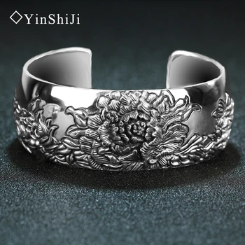 YinShiJi Retro 925 Sterling Sølv Armbånd Til Kvinder Lotus Blomst Vintage Sølv Smykker Kvindelige Håndlavet Åbning